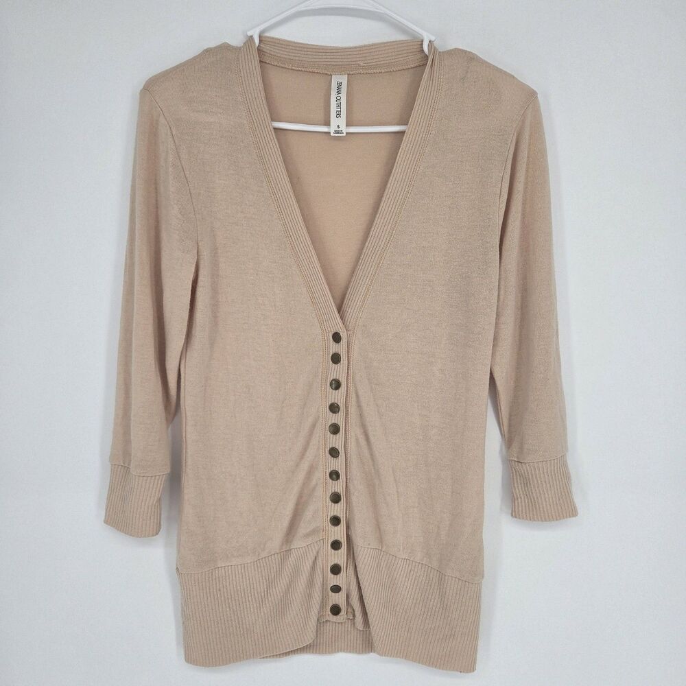 Zenana Womens Beige Knit V-Neck Button Front Cardigan Sweater 3/4 Sleeve Small